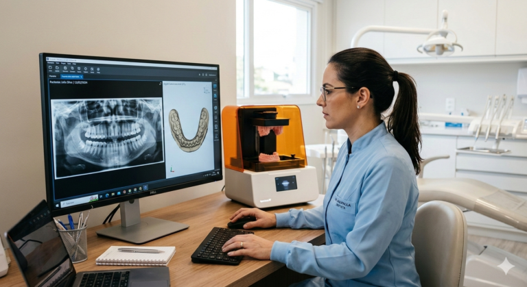 Dentista analisando radiografia panorâmica e modelo digital