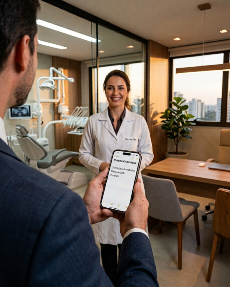 Dentista segura smartphone com tela contendo roteiro de perguntas para entrevista de emprego.